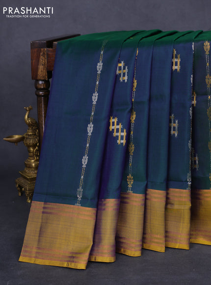 Pure uppada silk saree dual shade of greenish blue and yellow with allover silver & gold zari weaves and rettapet zari woven border