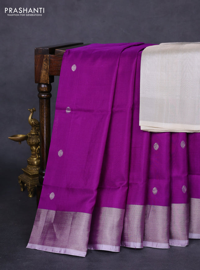 Pure uppada silk saree deep purple with silver zari woven coin buttas and silver zari woven border