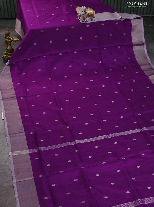 Pure uppada silk saree deep purple with silver zari woven coin buttas and silver zari woven border
