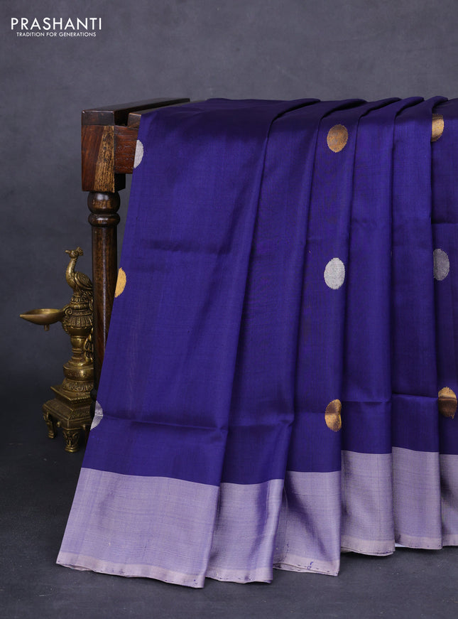 Pure uppada silk saree dark blue and grey shade with silver & gold zari woven coin buttas and simple border