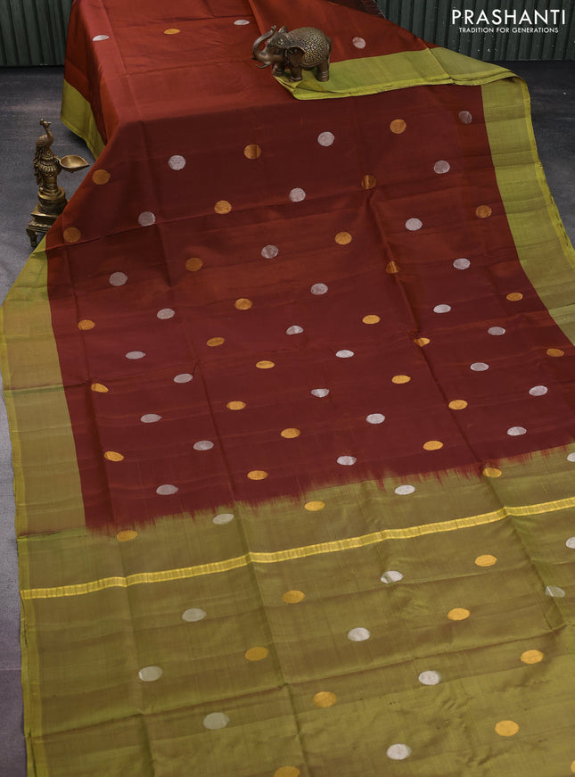 Pure uppada silk saree brown and lime yellow with silver & gold zari woven coin buttas and simple border