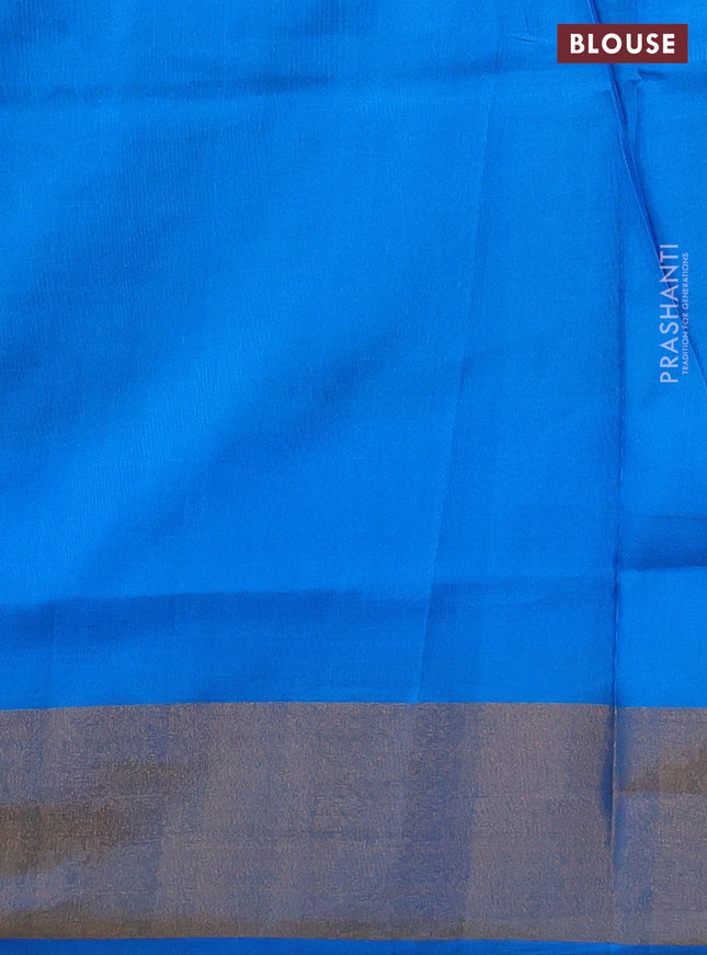 Pure uppada silk saree dual shade of teal bluish green and cs blue with silver & gold zari woven buttas and zari woven border