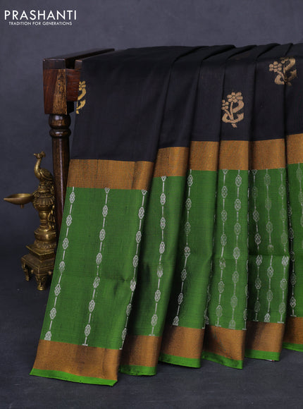 Pure uppada silk saree black and light green with zari woven buttas and long silver & gold zari woven border