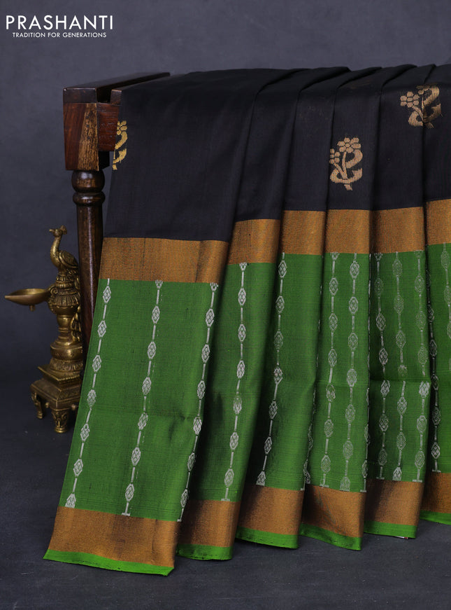 Pure uppada silk saree black and light green with zari woven buttas and long silver & gold zari woven border