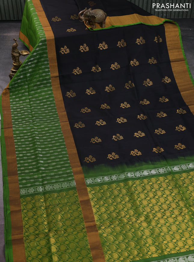 Pure uppada silk saree black and light green with zari woven buttas and long silver & gold zari woven border