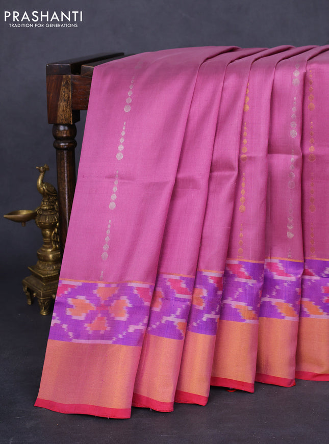 Pure uppada silk saree mauve pink and rustic orange with silver & gold zari woven geometric buttas and ikat style zari woven border