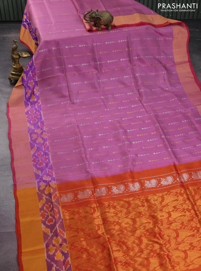 Pure uppada silk saree mauve pink and rustic orange with silver & gold zari woven geometric buttas and ikat style zari woven border