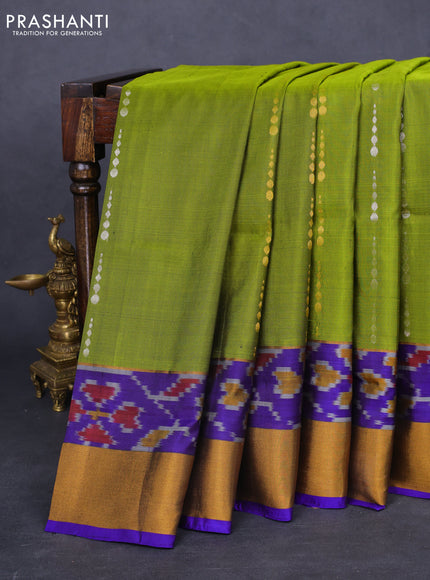 Pure uppada silk saree mehendi green and blue with silver & gold zari woven geometric buttas and ikat style zari woven border