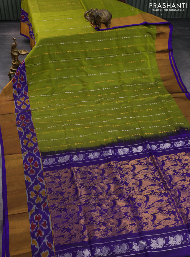 Pure uppada silk saree mehendi green and blue with silver & gold zari woven geometric buttas and ikat style zari woven border