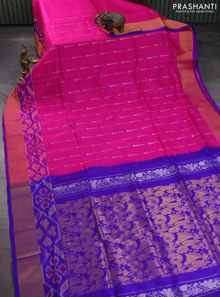 Pure uppada silk saree pink and blue with silver & gold zari woven geometric buttas and ikat style zari woven border