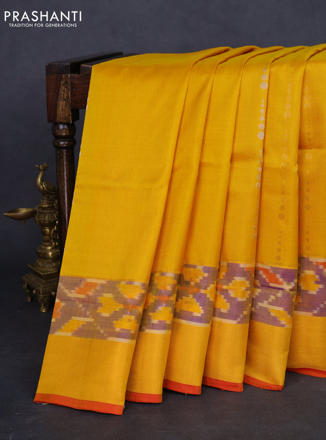 Pure uppada silk saree yellow and pink with silver & gold zari woven geometric buttas and ikat style zari woven border