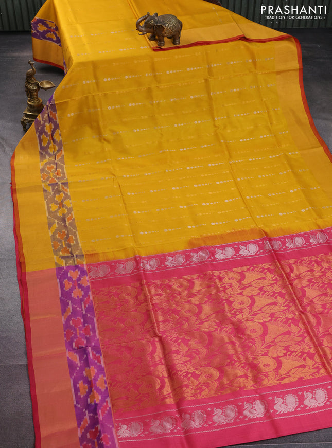 Pure uppada silk saree yellow and pink with silver & gold zari woven geometric buttas and ikat style zari woven border