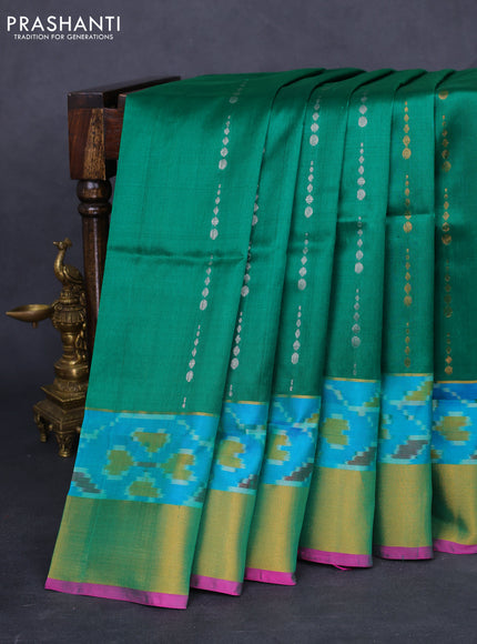 Pure uppada silk saree green and pink with silver & gold zari woven geometric buttas and ikat style zari woven border
