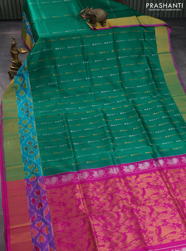 Pure uppada silk saree green and pink with silver & gold zari woven geometric buttas and ikat style zari woven border