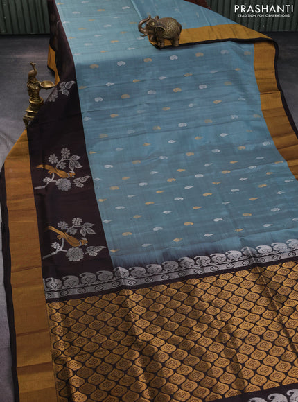Pure uppada silk saree pastel blue shade and coffee brown with silver & gold zari woven buttas and parrot design zari woven border