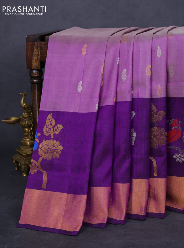 Pure uppada silk saree mild purple and violet with silver & gold zari woven buttas and parrot design zari woven border