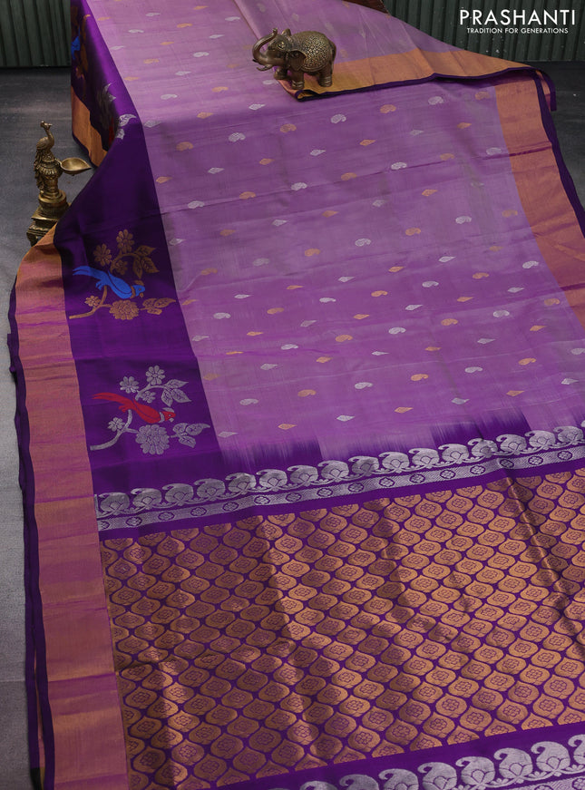 Pure uppada silk saree mild purple and violet with silver & gold zari woven buttas and parrot design zari woven border