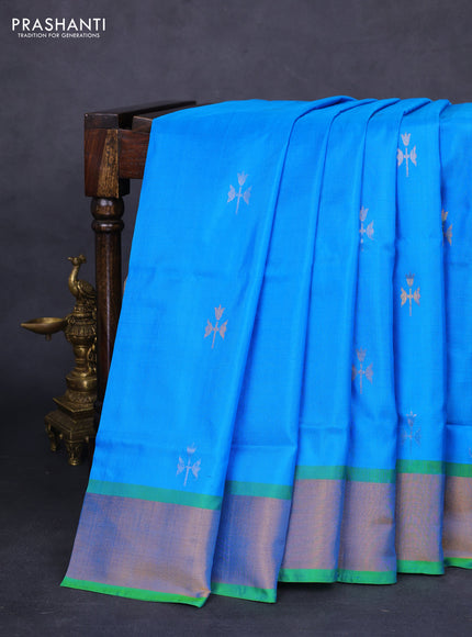 Pure uppada silk saree cs blue and dual shade of green with allover silver & gold zari weaves and zari woven border