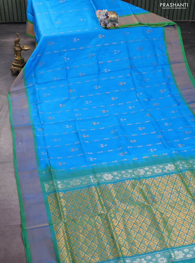 Pure uppada silk saree cs blue and dual shade of green with allover silver & gold zari weaves and zari woven border