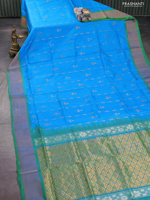 Pure uppada silk saree cs blue and dual shade of green with allover silver & gold zari weaves and zari woven border