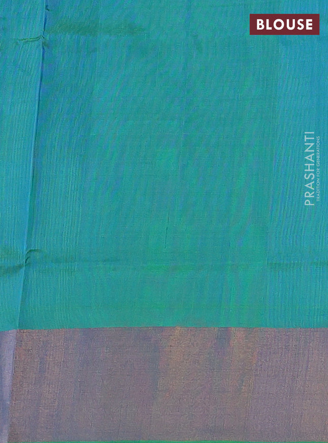 Pure uppada silk saree cs blue and dual shade of green with allover silver & gold zari weaves and zari woven border