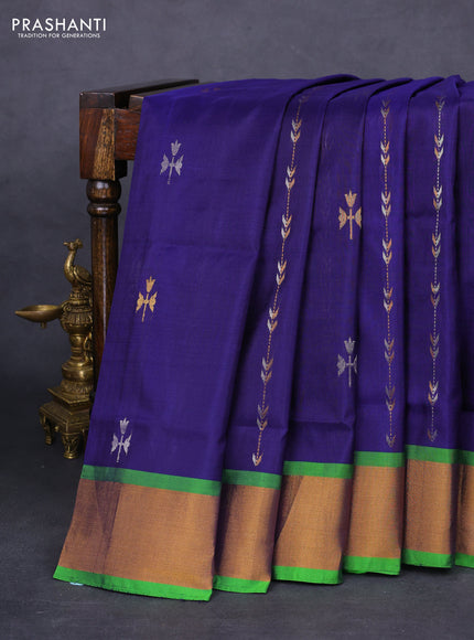 Pure uppada silk saree navy blue and light green with allover silver & gold zari weaves and zari woven border