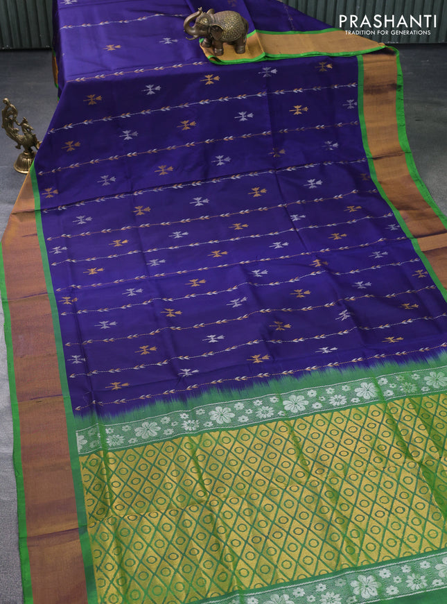 Pure uppada silk saree navy blue and light green with allover silver & gold zari weaves and zari woven border