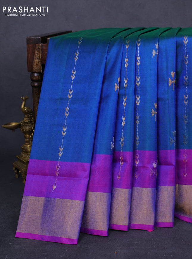 Pure uppada silk saree dual shade of bluish green and purple with allover silver & gold zari weaves and zari woven border