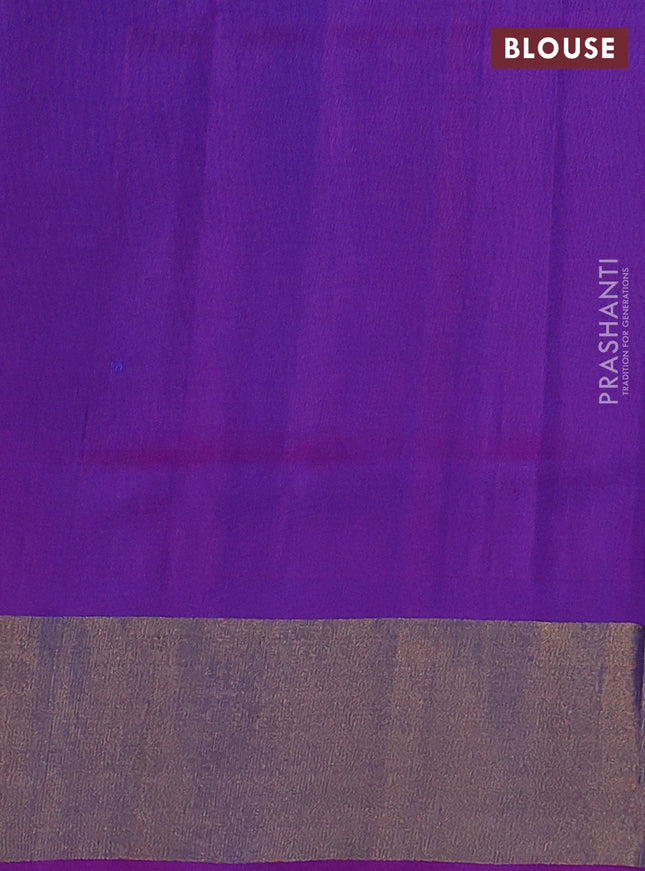 Pure uppada silk saree dual shade of bluish green and purple with allover silver & gold zari weaves and zari woven border