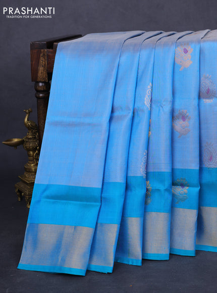 Pure uppada silk saree pastel blue and teal blue with silver & gold zari woven buttas and zari woven border