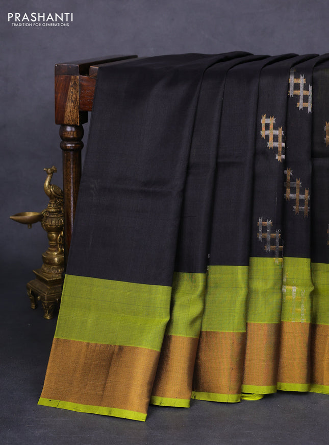 Pure uppada silk saree black and light green with silver & gold geometric weaves and zari woven border