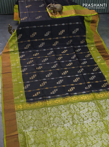 Pure uppada silk saree black and light green with silver & gold geometric weaves and zari woven border