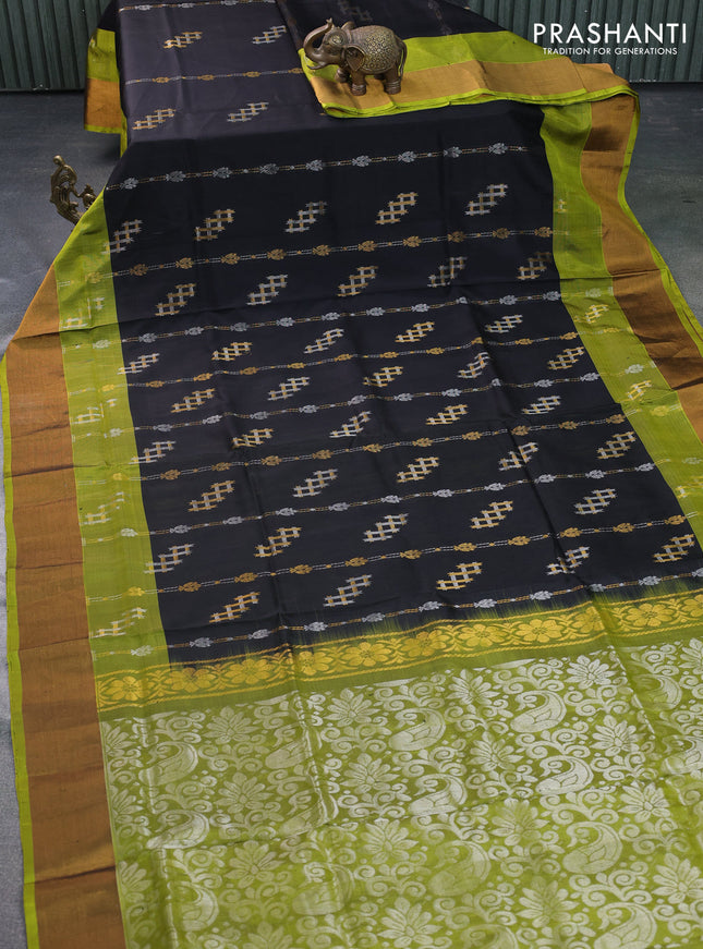 Pure uppada silk saree black and light green with silver & gold geometric weaves and zari woven border