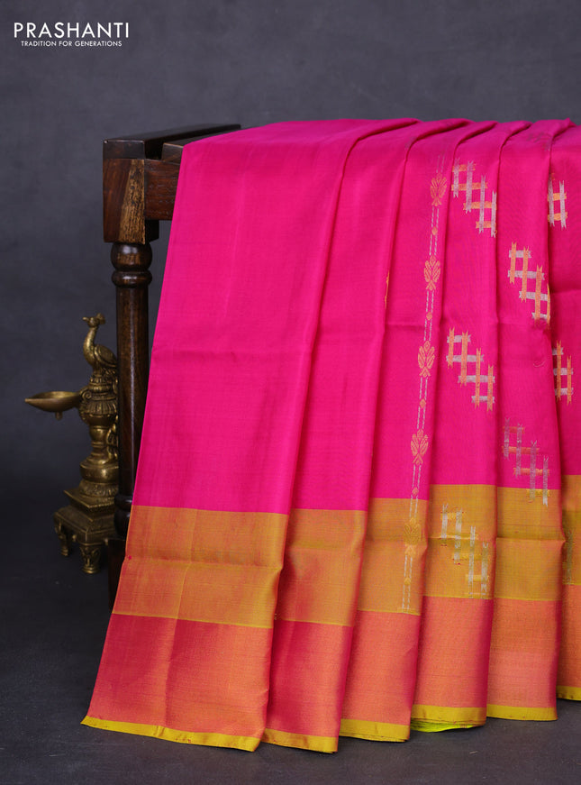 Pure uppada silk saree pink and dual shade of yellow with silver & gold geometric weaves and zari woven border