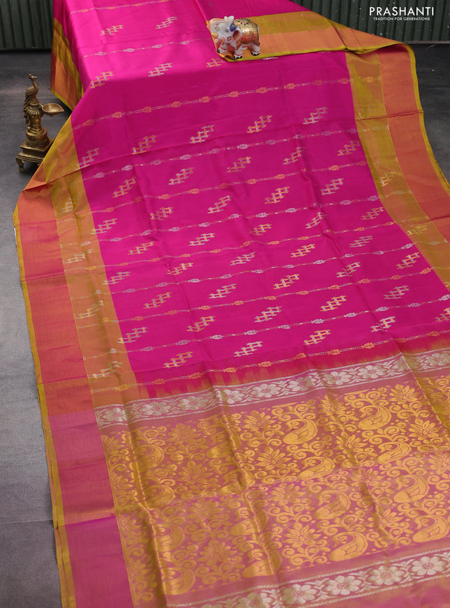 Pure uppada silk saree pink and dual shade of yellow with silver & gold geometric weaves and zari woven border