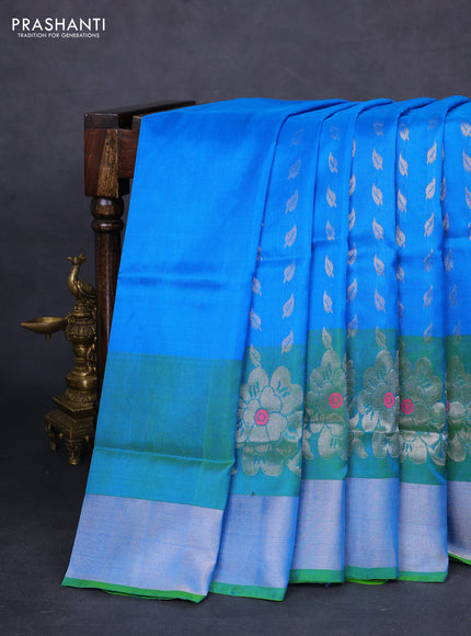 Pure uppada silk saree cs blue and dual shade of green with allover silver zari woven leaf buttas and silver zari woven border