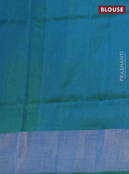 Pure uppada silk saree cs blue and dual shade of green with allover silver zari woven leaf buttas and silver zari woven border