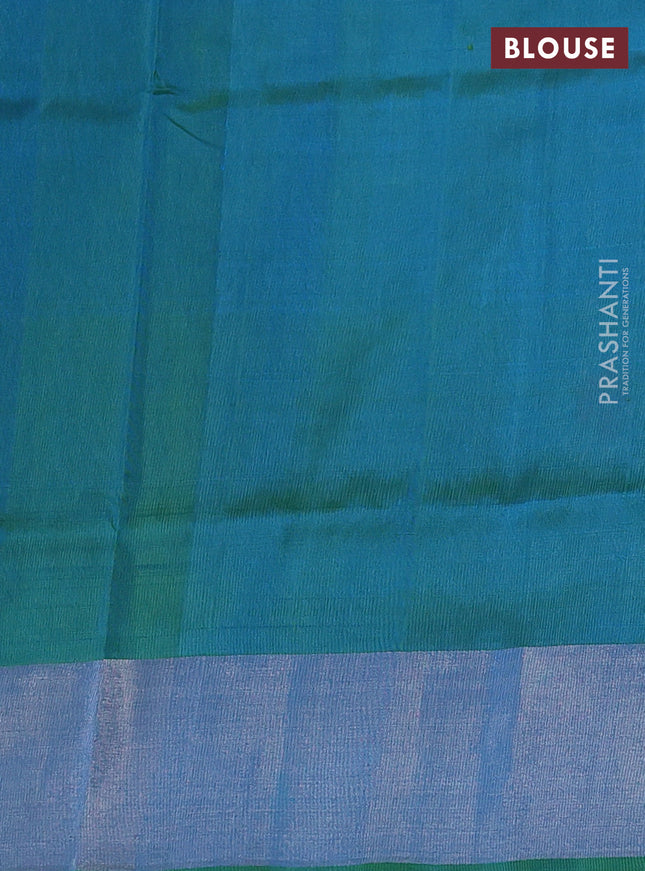 Pure uppada silk saree cs blue and dual shade of green with allover silver zari woven leaf buttas and silver zari woven border