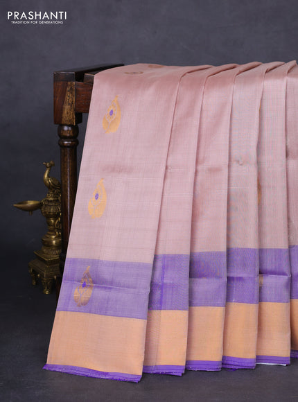 Pure uppada silk saree beige and blue with silver & gold zari woven buttas and zari woven border