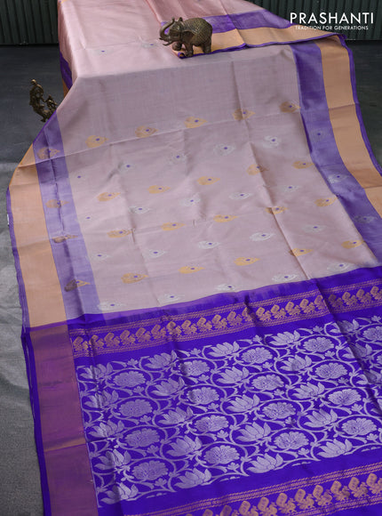 Pure uppada silk saree beige and blue with silver & gold zari woven buttas and zari woven border