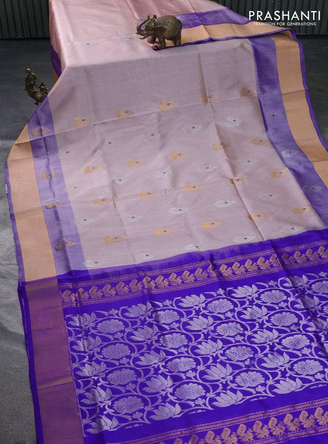 Pure uppada silk saree beige and blue with silver & gold zari woven buttas and zari woven border
