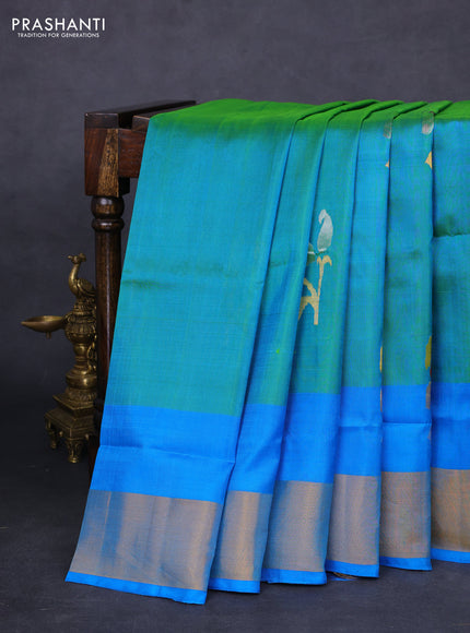 Pure uppada silk saree dual shade of teal bluish green and cs blue with jamdhani zari woven buttas and zari woven border