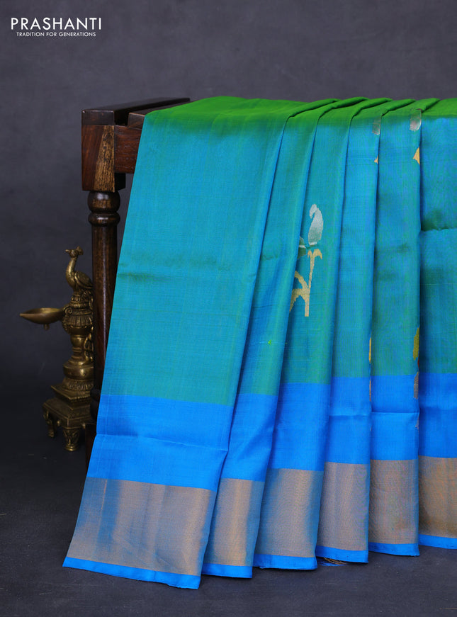 Pure uppada silk saree dual shade of teal bluish green and cs blue with jamdhani zari woven buttas and zari woven border