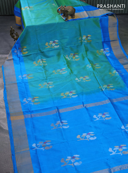 Pure uppada silk saree dual shade of teal bluish green and cs blue with jamdhani zari woven buttas and zari woven border