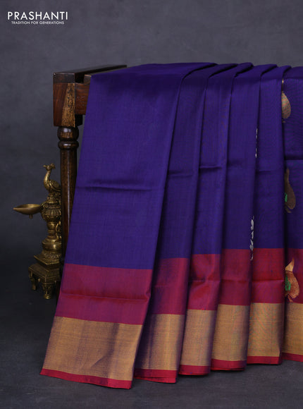 Pure uppada silk saree dark blue and red with silver & gold zari woven buttas and zari woven border