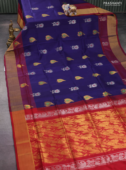 Pure uppada silk saree dark blue and red with silver & gold zari woven buttas and zari woven border