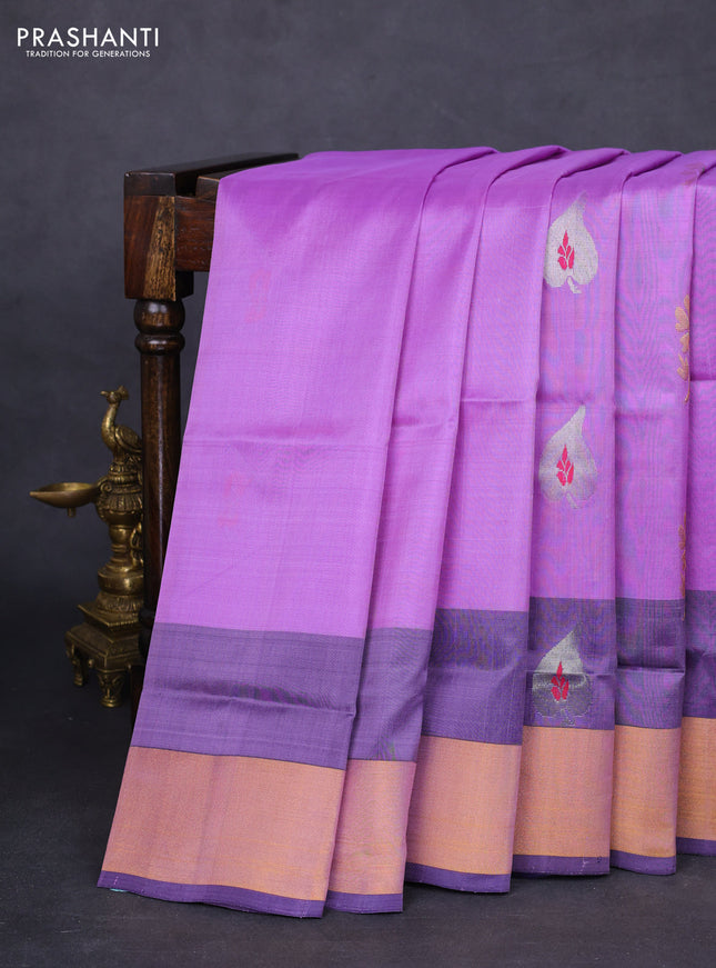 Pure uppada silk saree lavender and navy blue with silver & gold zari woven buttas and zari woven border