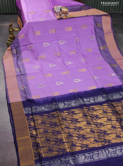 Pure uppada silk saree lavender and navy blue with silver & gold zari woven buttas and zari woven border