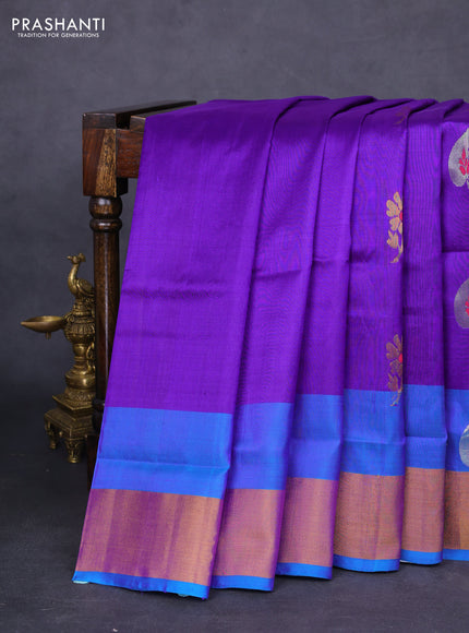 Pure uppada silk saree violet and cs blue with silver & gold zari woven buttas and zari woven border