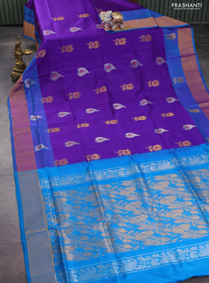 Pure uppada silk saree violet and cs blue with silver & gold zari woven buttas and zari woven border